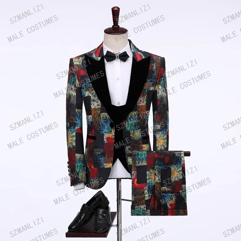 Color: army green, Size: L - SZMANLIZI 2022 Latest Designs Black Floral Party Blazer Men Suits Costume Homme Groom Tuxedos Wedding Terno Masculino 3 Pieces