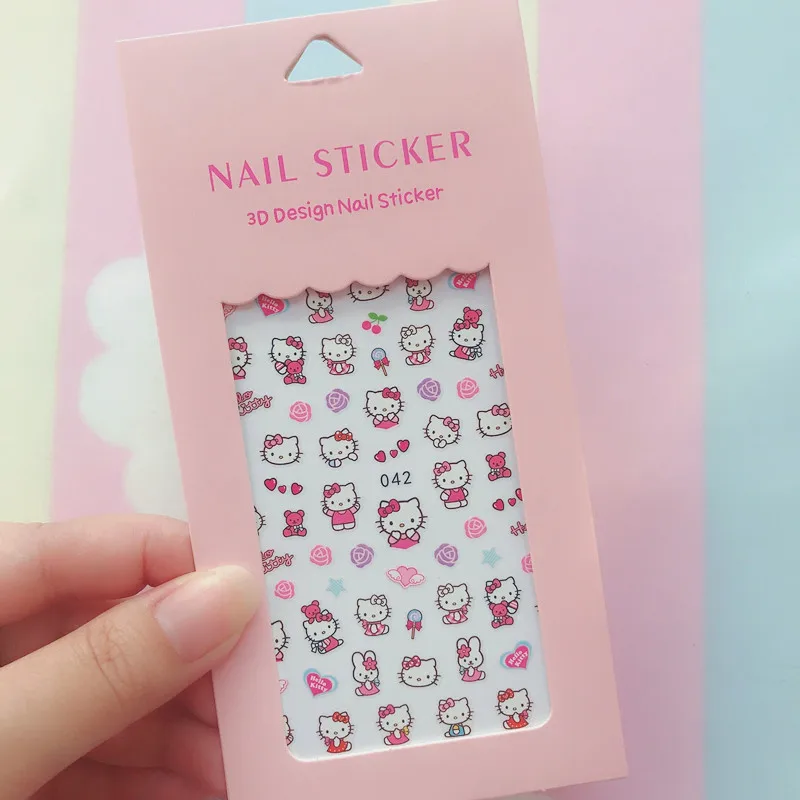 Color: dusty wine - 1PCS Hello Kitty 3D Nail Stickers Press on Nails Mickey Mouse Donald Duck Stitch Cartoon Stickers Nail Art Decoration