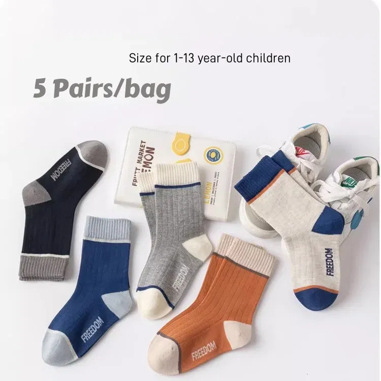 Color: Blue, Size: 10-12T - 5 Pairs Children's Socks Spring Autumn Socks Kids Boys Cotton Socks Baby Letter Pattern Mid Calf Sock