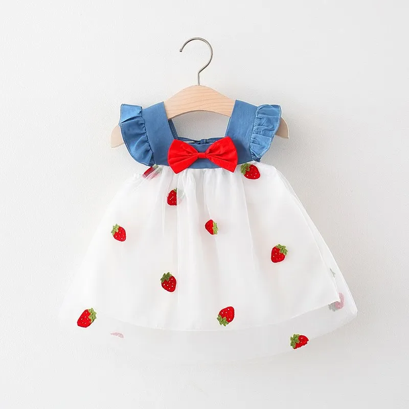 Color: WHITE, Kid Size: 4T - Summer girl dress baby girl small flying sleeves denim top with patchwork strawberry embroidery mesh suspender princess dress