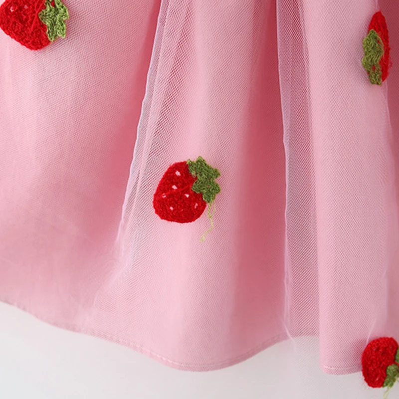 Color: WHITE, Kid Size: 4T - Summer girl dress baby girl small flying sleeves denim top with patchwork strawberry embroidery mesh suspender princess dress