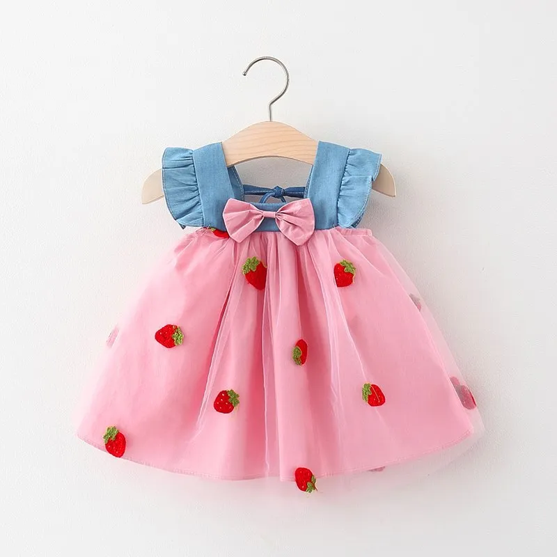Color: WHITE, Kid Size: 4T - Summer girl dress baby girl small flying sleeves denim top with patchwork strawberry embroidery mesh suspender princess dress