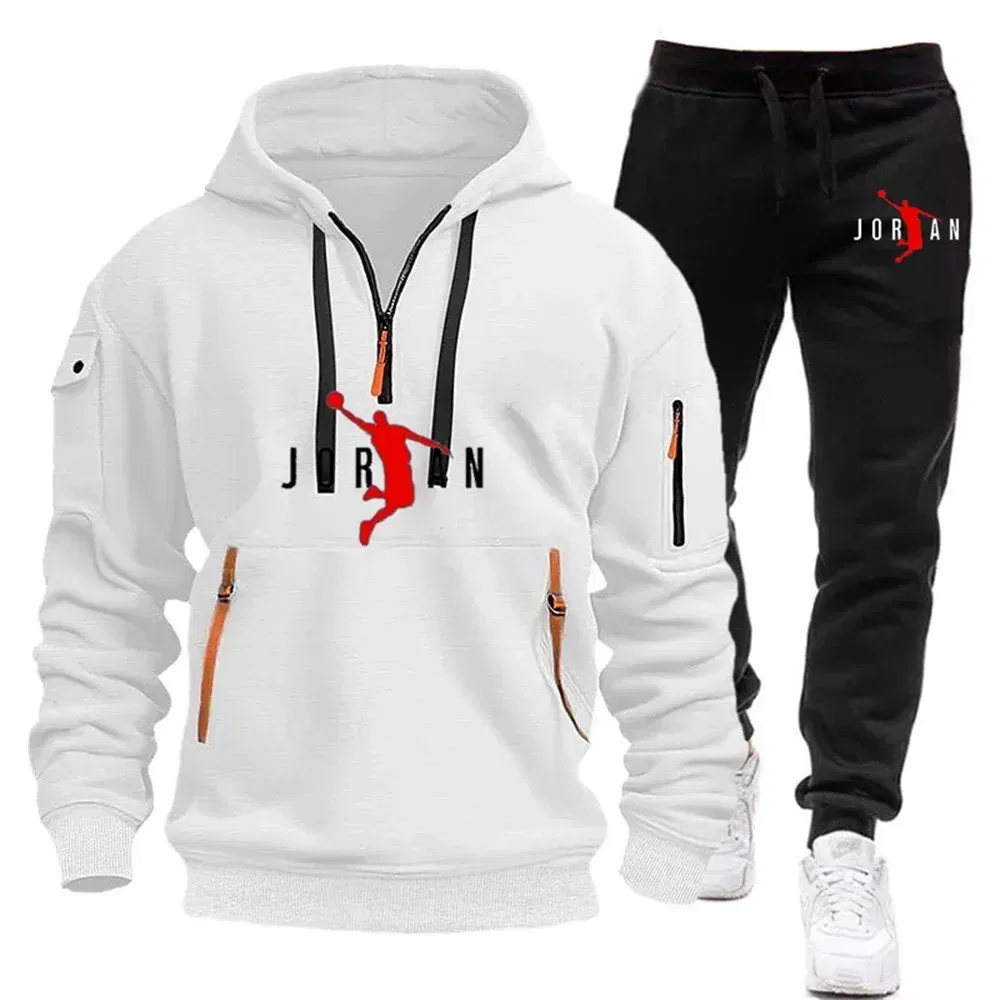 Color: Blue, Size: M - 2025 new men's zipper multi-pocket hoodie loose casual sweater suit spring and autumn European size new fashion print