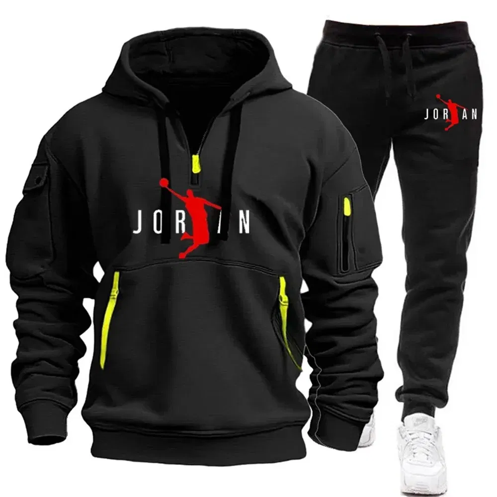 Color: Blue, Size: M - 2025 new men's zipper multi-pocket hoodie loose casual sweater suit spring and autumn European size new fashion print