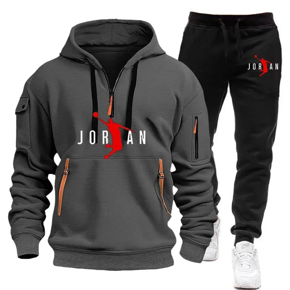 Color: Blue, Size: M - 2025 new men's zipper multi-pocket hoodie loose casual sweater suit spring and autumn European size new fashion print