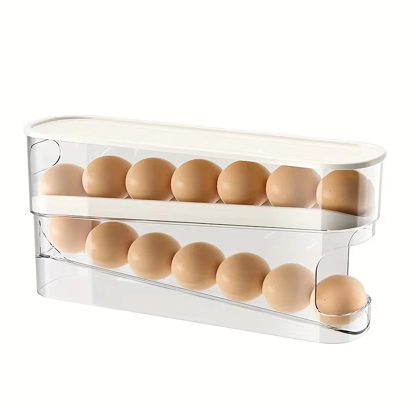 Color: Clear - Bilayer Fridge Egg Storage Box Automatic Rolling Eggs Holder Rack Ladder Style Refrigerator Eggs Dispenser Egg Organizers Holder