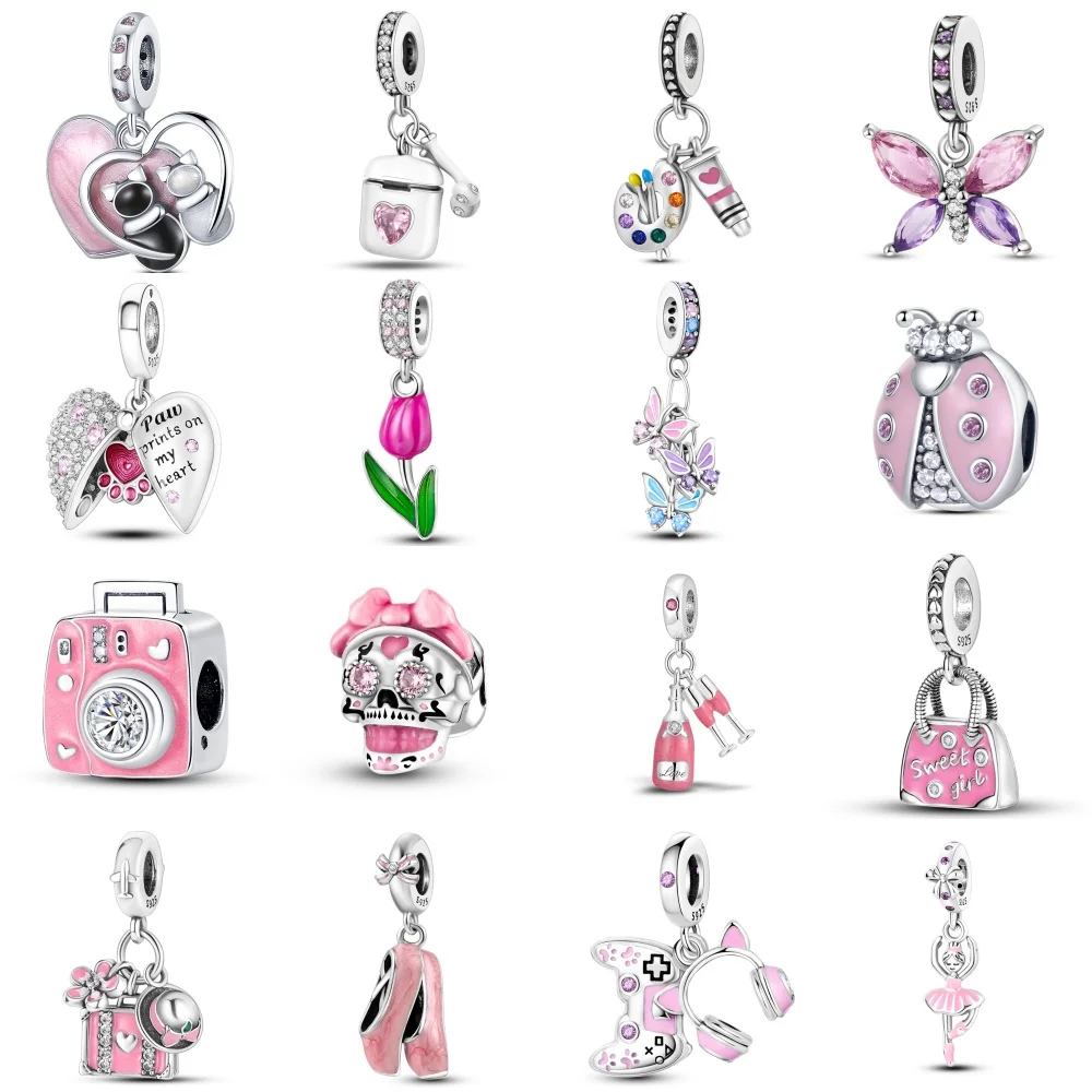 Color: Brown - 925 Sterling Silver Pink Series Charms Love-Heart Cute Animals Beads Fit Pandora Original Bracelets Girl Jewelry Gifts Accessory
