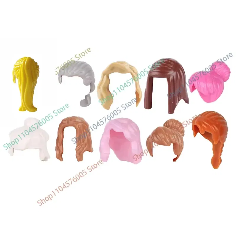 Color: Dark Bluish Gray - MOC Brown Hair Building Blocks City Figures Body Creative Accessory Blond Gold White Parts DIY Hats Mini Bricks Assemble Toy S04