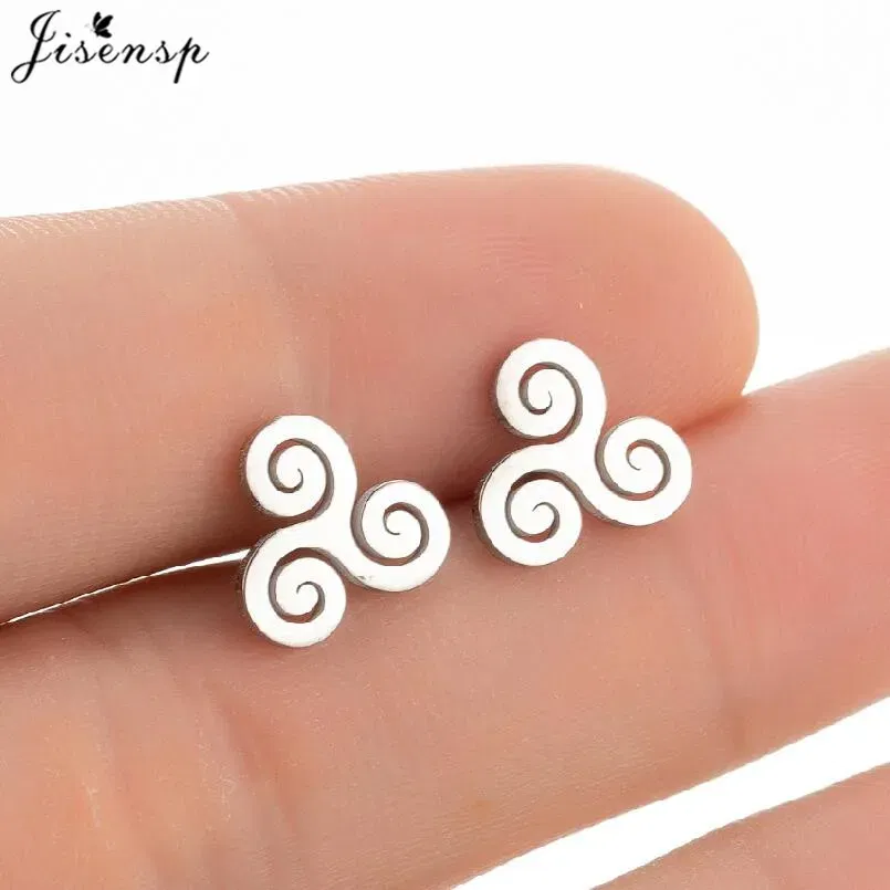 Metal Color: Antique Copper Plated, Main Stone Color: Green - Cartoon The Movie Teen Wolf Triskele Triskelion Inspired Earrings Punk Stainless Steel Jewelry Triple Spiral Ear Studs Women Men