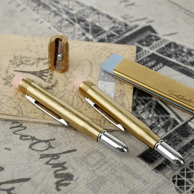 Color: Yellow - Fromthenon Traveler's Brass Pencil Metal Stationery Retro Travel Stationery Series Pictures Props Pencils for School