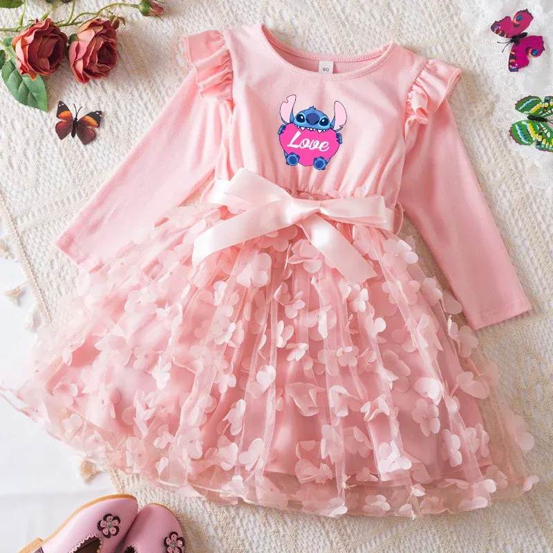Color: Beige, Size: One Size, Height: 176 - Lilo Stitch Girl Baby Dresses Spring Autumn Child Long Sleeve Sweet Princess Dress Mesh Newborn Casual Dress Birthday Party 2-6Y