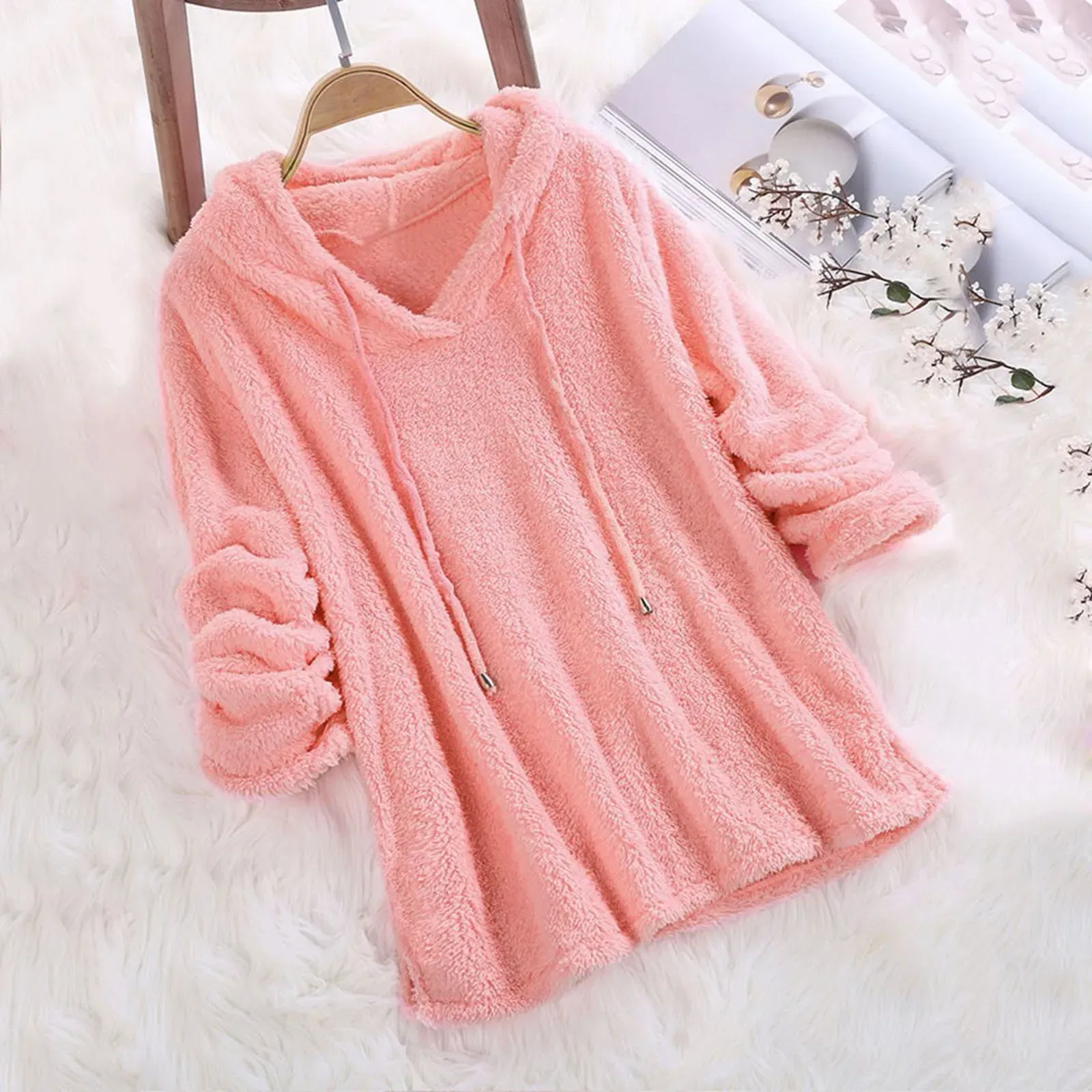 Color: Pink, Size: L, Ships From: CN - Women's Winter Casual Solid Color Plush Hooded Long Sleeve Pullover Thick Warm Fluffy Sweatshirts Blouse Oversized Loose Tops