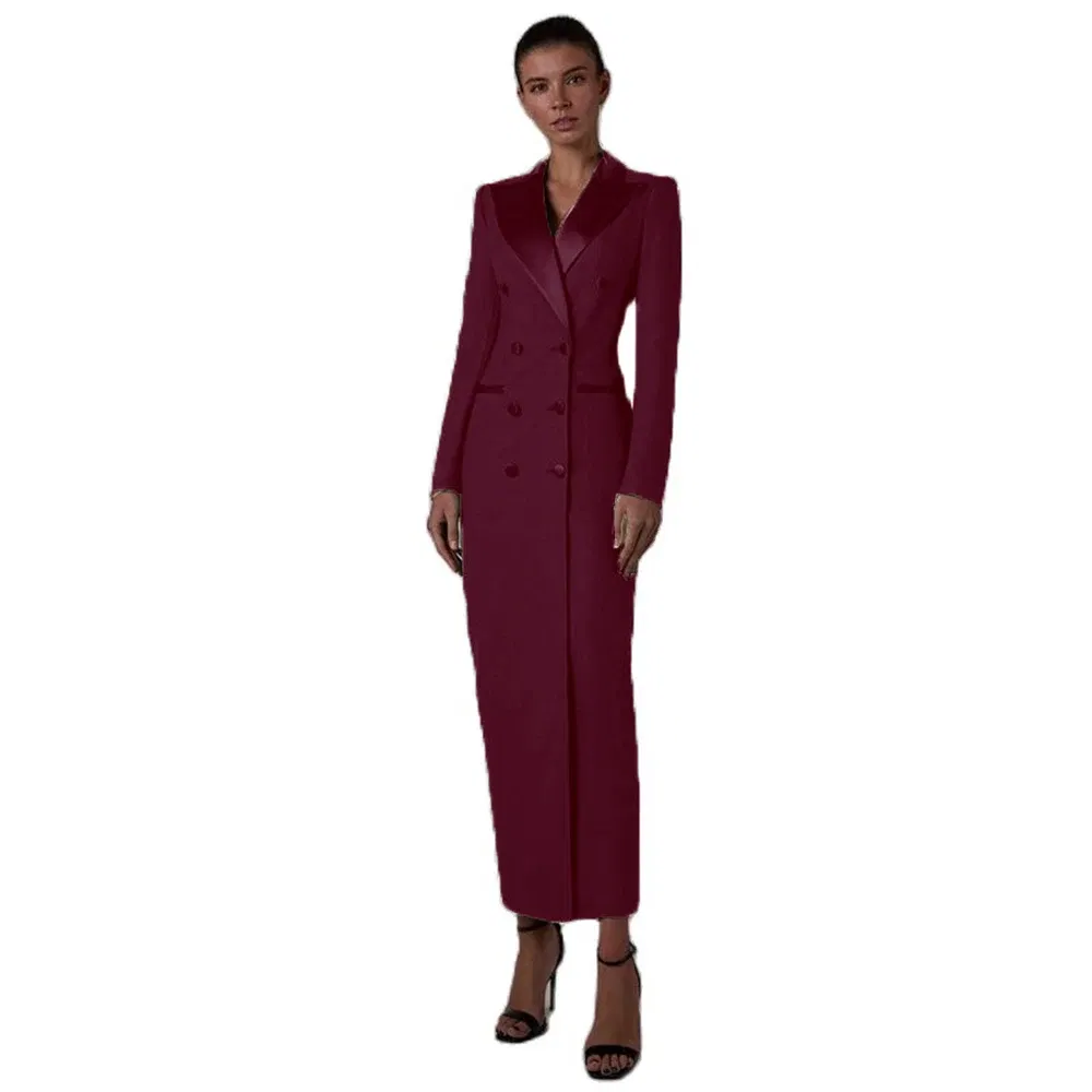 Color: Burgundy, Size: 4XL - Women's Suit Long Jacket One Piece Blazer Double Breasted Formal Tuxedo Party Dress кос?‚юм ?¶?µнский