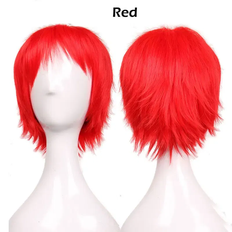 Color: Red, Ships From: CHINA, Stretched Length: 8inches - S-noilite Synthetic Short Wig Blue Brown Black Women Men Cosplay Costume Party Head Wigs Hair