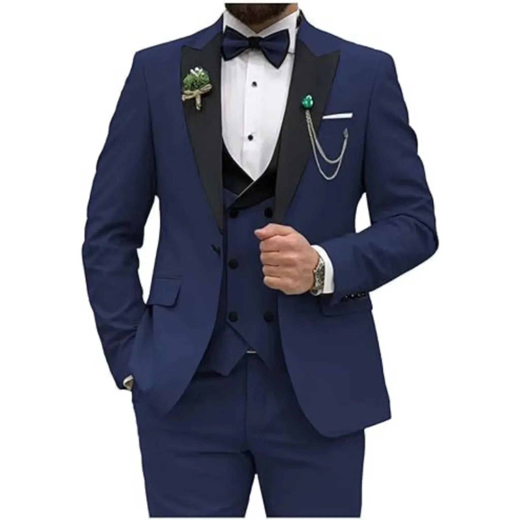Color: Navy Blue, Size: S - Men Suit Colorful Luxury Blazer Vest And Pant Sets 3 Piece Birthday Dress Business Prom Evening Party Costumes High Quality