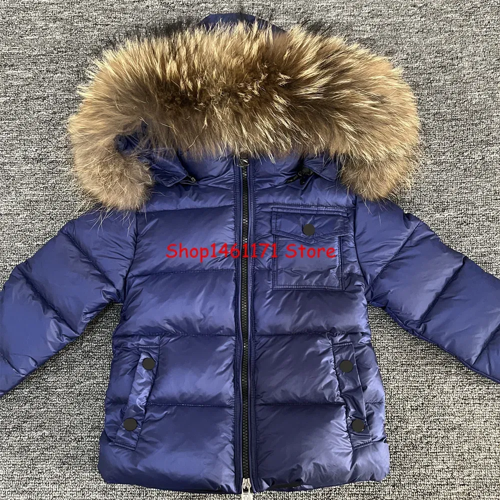 Color: Orange, Kid Size: 6 - Kids Winter Down Jacket Shiny Real Raccoon Fur Collar Toddler Boys Hooded Coat Baby Girls Warm Snowsuit Children's Parkas