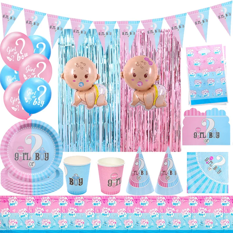 Color: Light Grey - Gender Reveal Party Decorations Disposable Tableware Plates Cups Napkins Tablecloth Boy Girl Balloon Fringe Curtain