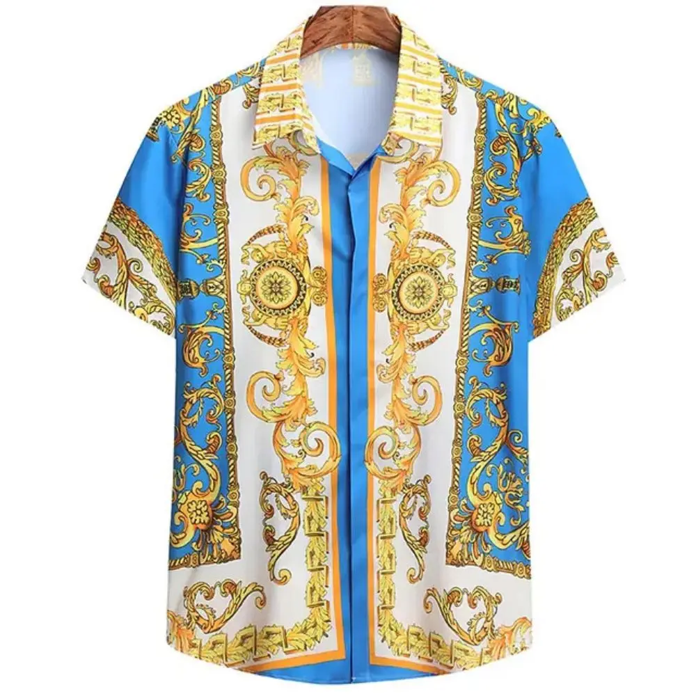 Color: Blue, Size: XXXL - Summer Fashion Men's Short Sleeve Casual Shirts Luxury Style Gold Printed Tops Everyday Casual Wear Men's Shirts Oversized Tops