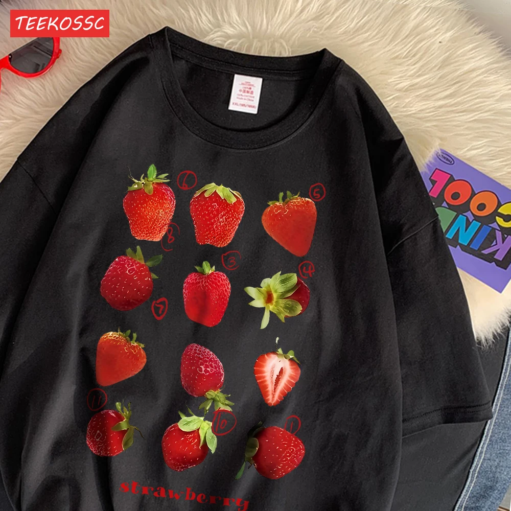 Color: black, Size: M - 100% Cotton Women T-shirt Cute Fresh Strawberries Printed Tee Shirt Summer Comfortable Loose Tops Street Fashion Female Clothes