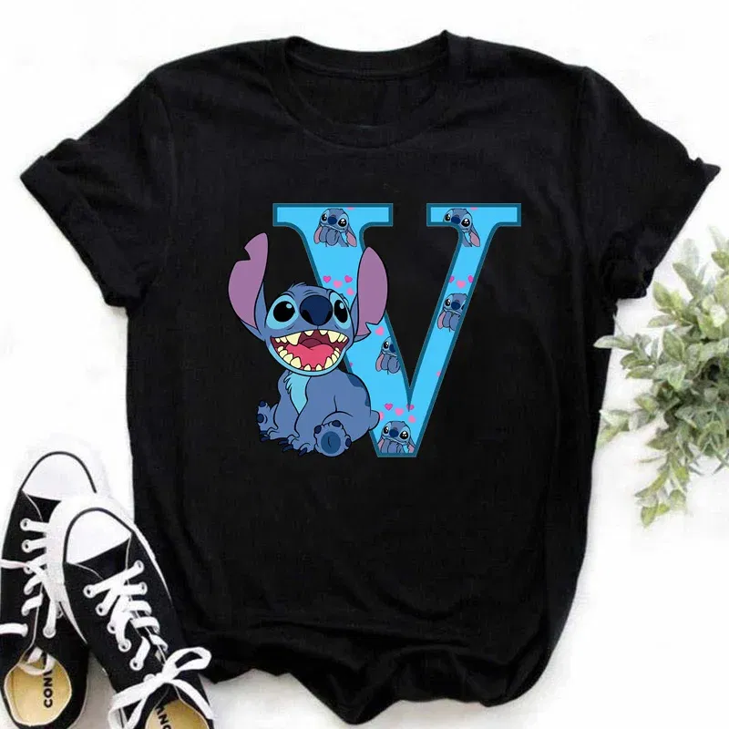 Color: Turquoise, Size: S - Disney Lilo&Stitch A-Z Alphabet Summer Women's Printed T-Shirt Women's Casual Tops T-Shirt Fashion Cartoon Plus Size T-Shirt