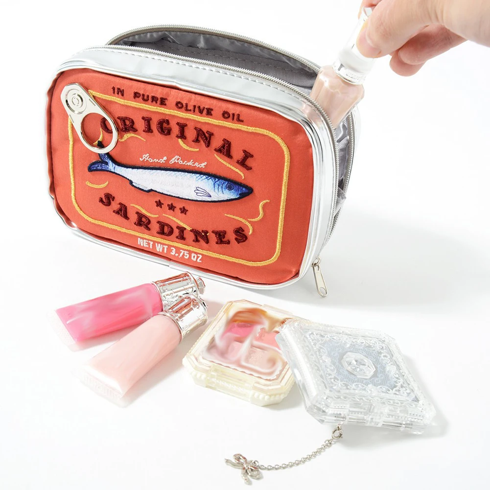 Color: GRAY - Canned Sardines Women Travel Cosmetic Bag Cute Toiletry Bag Creative Portable Fashion Zipper Multi-function for Weekend Vacation