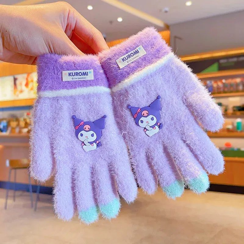 Color: Fluorescent Green - Sanrio Gloves Kawaii My Melody Kuromi Cold-Proof Winter Finger Gloves Plush Screen Touch Warm Children Toddler Christmas Gifts