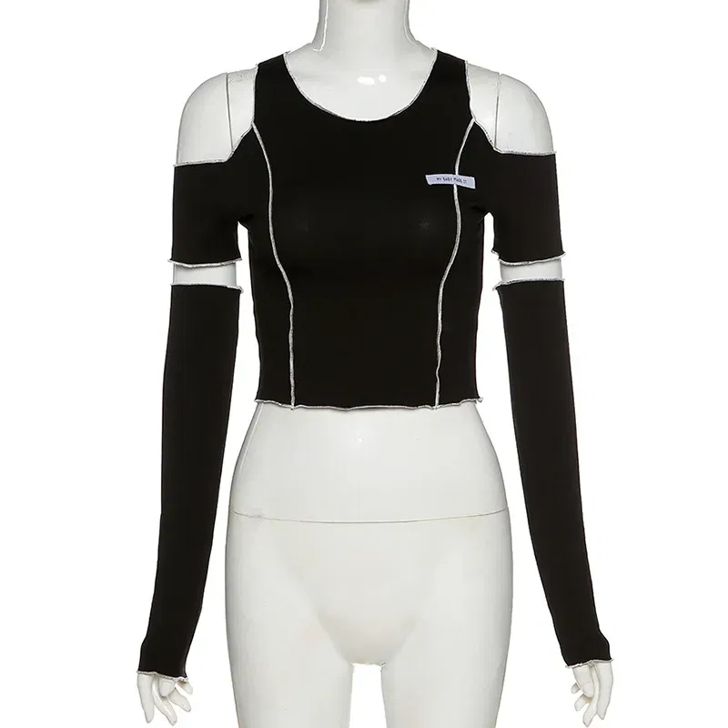 Color: black, Size: L - Patchwork Black T-shirts Gothic One Shoulder Sleeve Y2k Crop Tops Ruffles Hem Hip Hop Techwear Women Tees