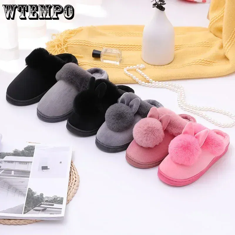 Color: GRAY, Shoe Size: 4 - WTEMPO Fluffy House Shoes Women Winter Warm Slippers Cute Rabbit Ears Female Furry Plush Slippers Home Indoor Ladies Soft Shoes