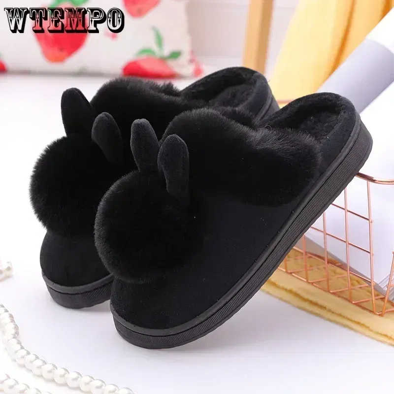 Color: GRAY, Shoe Size: 4 - WTEMPO Fluffy House Shoes Women Winter Warm Slippers Cute Rabbit Ears Female Furry Plush Slippers Home Indoor Ladies Soft Shoes