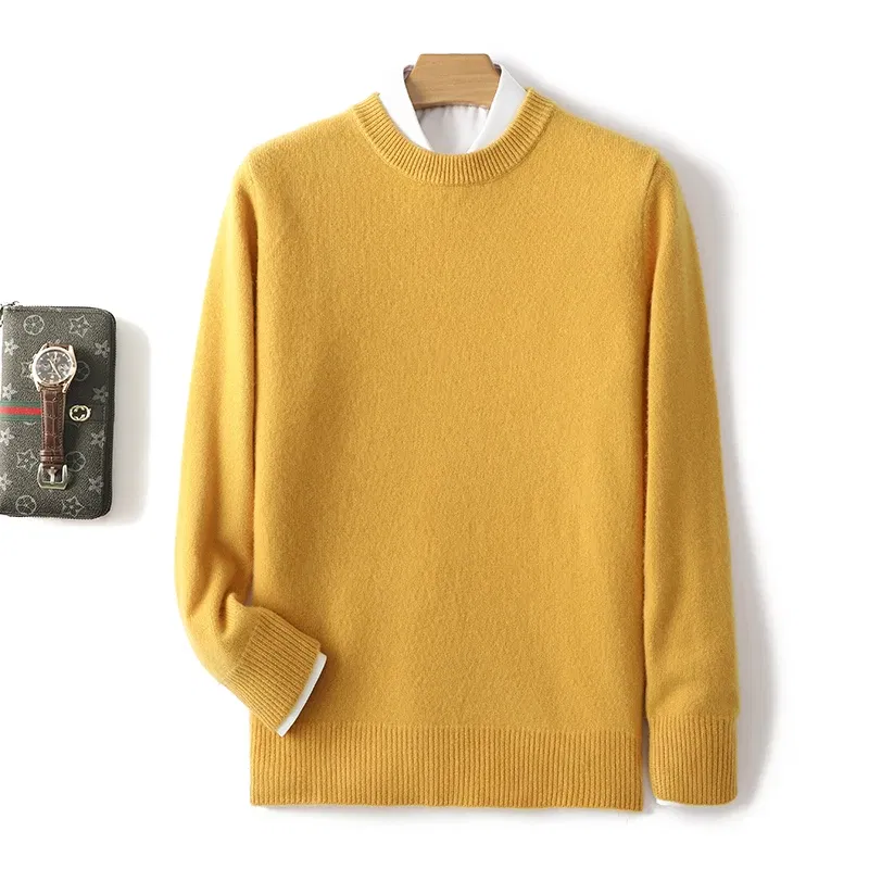Color: Yellow, Size: XL, Ships From: CHINA - Men's 100% Pure Wool Cashmere Sweater O-Neck Pullover Knit Sweater Autumn and Winter New Long Sleeve High-End Jumpers Thick Tops