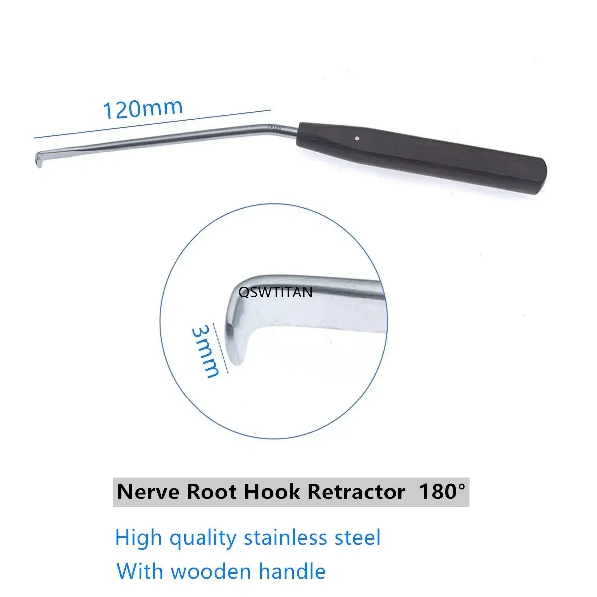 Color: green - Nerve Root Hook Retractor with wooden handle brain Bone Retractor Stainless Steel nerve pull hook