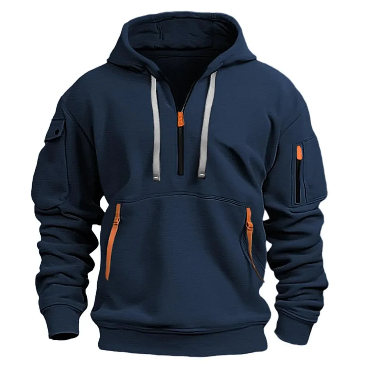 Color: WHITE, Size: S, Sale by Pack: Pack of 1, Ships From: CHINA - New hoodie men zipper multi pocket hoodie Spring Winter Fleece Warm Sweatshirt Fashion Streetwear Sports Hoody Solid Pullover