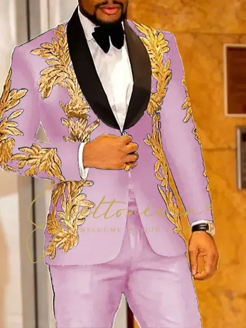 Color: Pink, Size: One Size - Luxury Groom Wedding Tuxedos Gold Sequins Appliques Black Men Suits Slim Fit Costume Homme Marriage Prom Suits