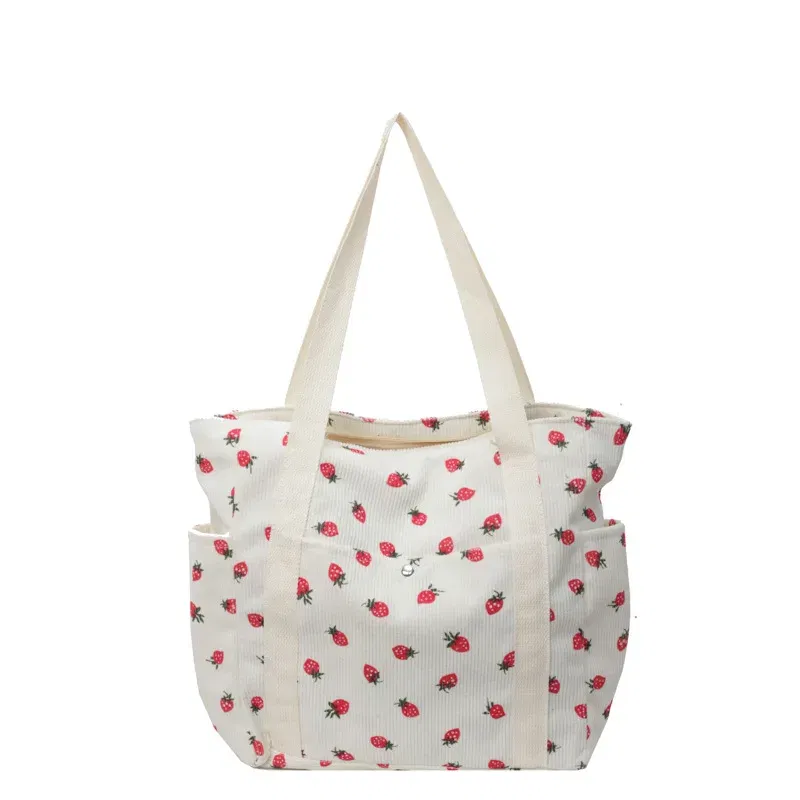 Color: Beige - Strawberries Corduroy Handbag Sweet Women's Bag Fashionable Versatile Shoulder Bag Beautiful Simple Commuter Women's Tote Bags