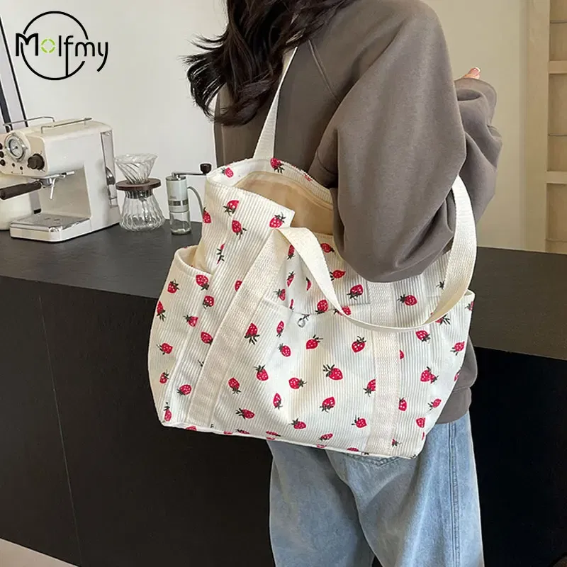 Color: Beige - Strawberries Corduroy Handbag Sweet Women's Bag Fashionable Versatile Shoulder Bag Beautiful Simple Commuter Women's Tote Bags
