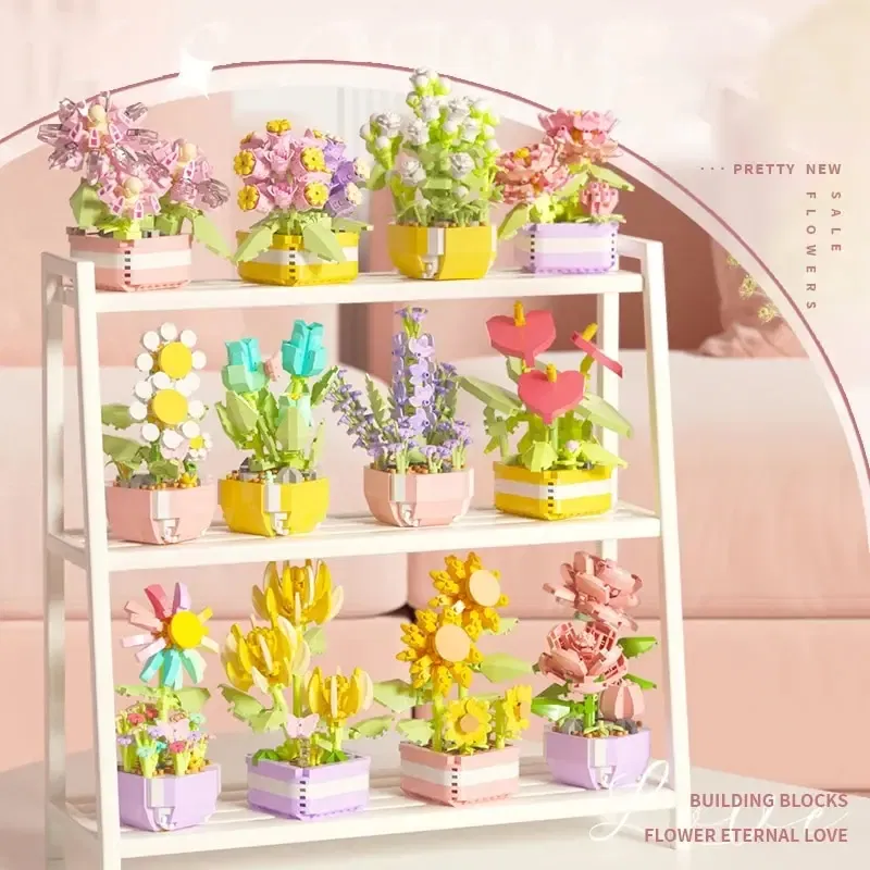 Color: Green - Flowers Plants Bonsai Building Blocks Succulent Potted Assembly Bricks Model Desktop Decoration Girl Toys Kids Holiday Gifts