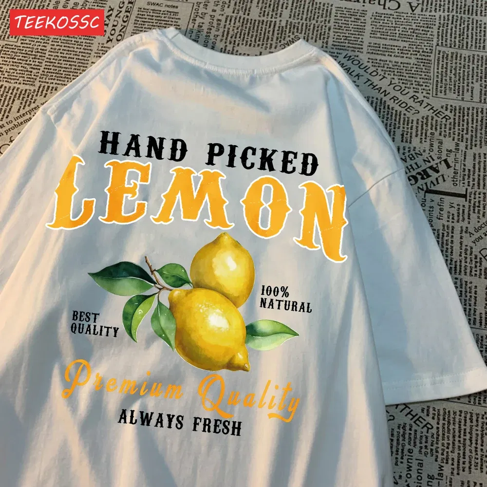 Color: Lemon yellow, Size: XXL - Summer Lemon Cherries Prints T-Shirts Cotton Women's Tops Oversize O-Neck Soft Short Sleeve tees Street Casual Womans Clothes