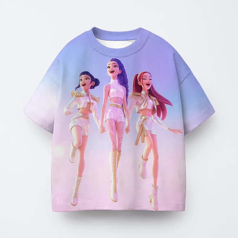 Color: black, Kid Size: 9 - T-shirt anime Kpop witch hunting group 3D printing children's T-shirt fashion casual cartoon T-shirt girls' children's clothing