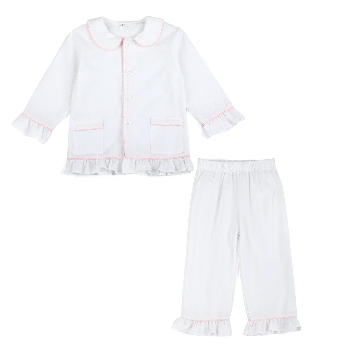 Color: Beige, Ships From: CHINA, Kid Size: 2T - Ruffkids 100% Cotton Summer Kids Pajamas Sleepwear Seersucker Striped Matching Pjs Boys Clothes Loungewear Girls Pyjamas Set