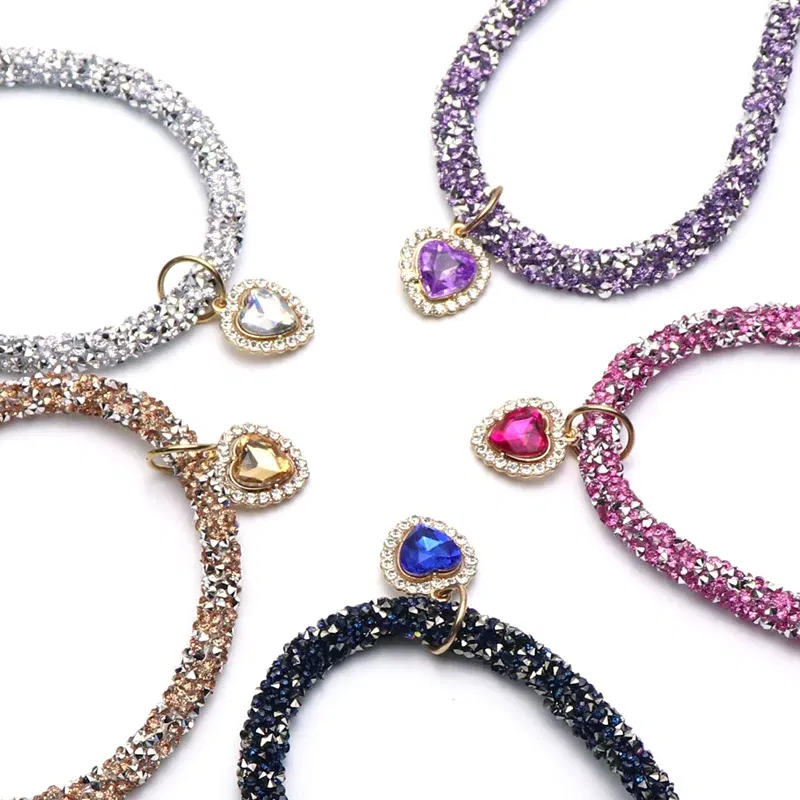 Color: PURPLE, Size: S - Luxury Cat Collar with Heart Crystal Pendant Puppy Chihuahua Necklace Reflective Rhinestone Kitten Neck Strap Pets Accessories