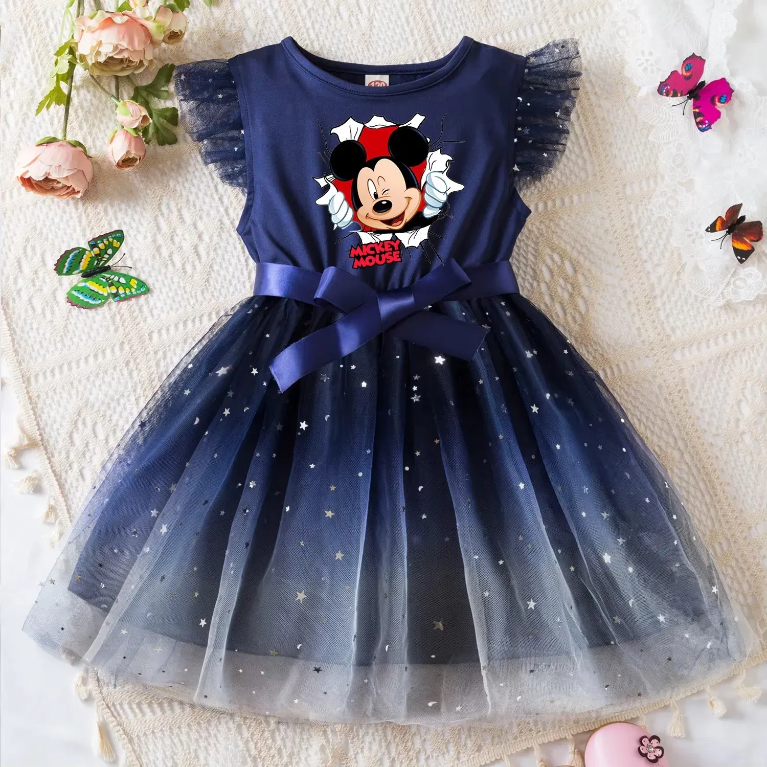 Color: WHITE, Size: S - Mickey Minnie Mouse Girls Summer Clothes Flying Sleeves Bow Sequin Dress 2-6Y Kid Birthday Tutu Princess Dress for Baby Girl