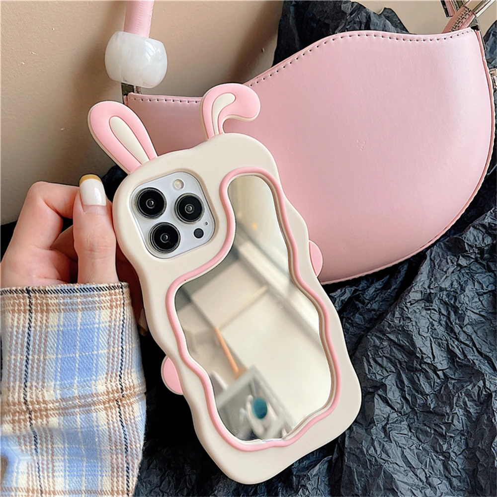 Color: Beige, Material: Denim - Cute Bunny Ears Mirror Phone Case For iPhone 15 14 Plus 13 12 11 Pro Max Shockproof Silicone Case