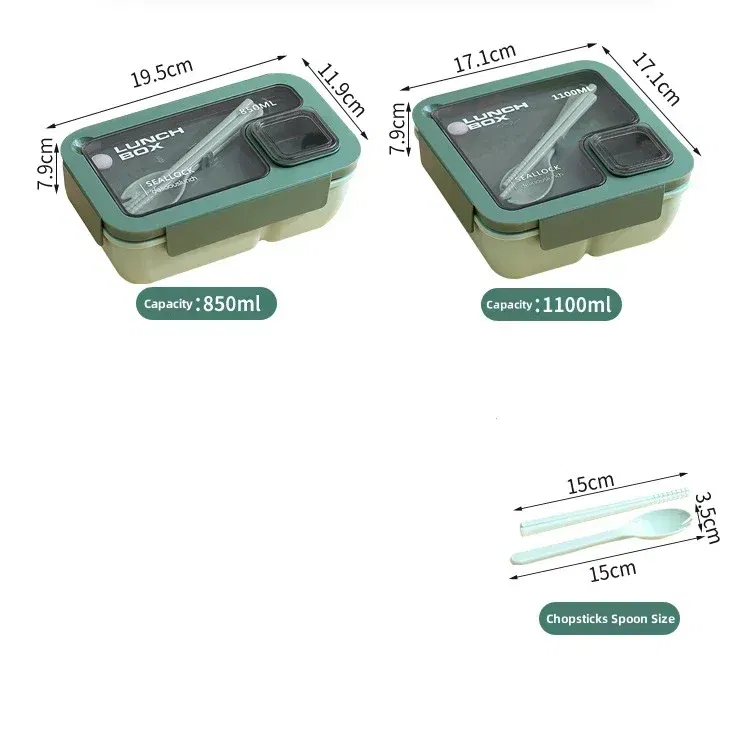 Color: green - Portable Lunch Box Lunch Bags for Children School Office Bento Box with Tableware Thermal Bag Complete Kit Microwavable Heating