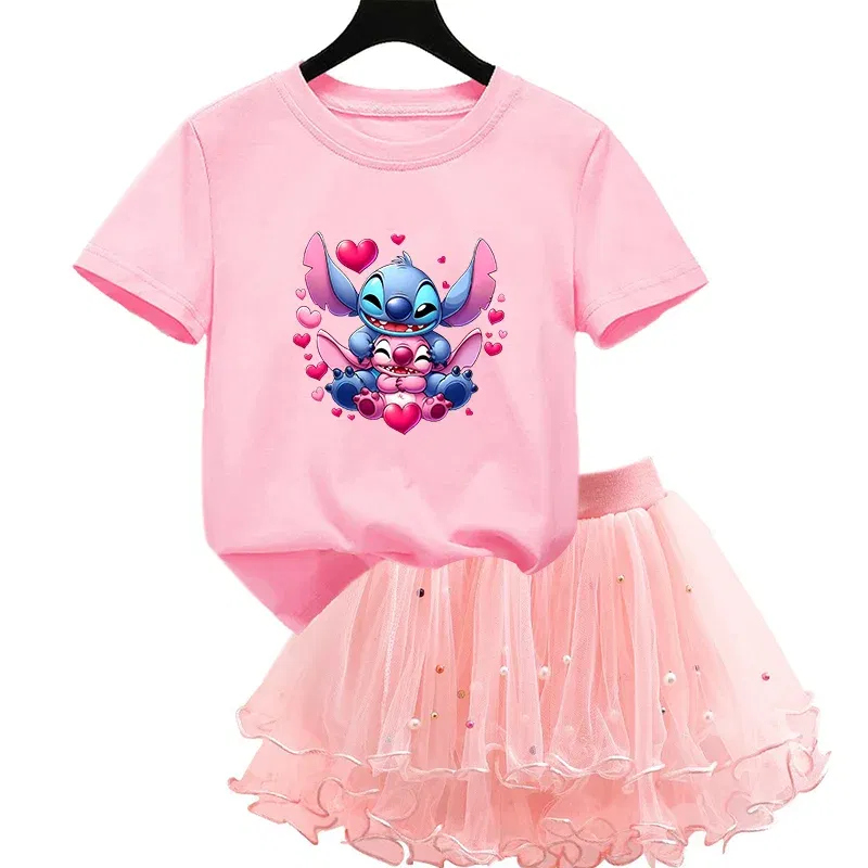 Color: Lavender, Kid Size: 5 - 2pcs Lilo Stitch Summer Girls Outfits Cartoon T-shirt and Tutu Skirt Princess Clothes Suit Children Birthday Clothing Sets