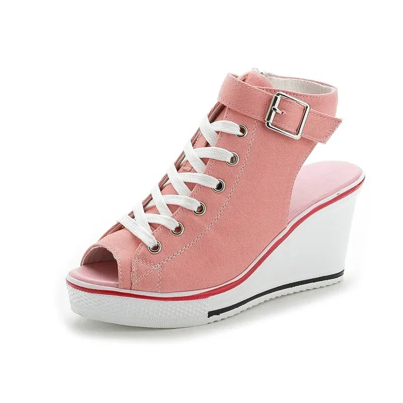 Color: Red, Shoe Size: 43 - Spring Summer Women's Height Increasing Platform Canvas Fish Mouth Shoes Open Toe Hollow Canvas Wedge Shoes Zapatos Para Mujer