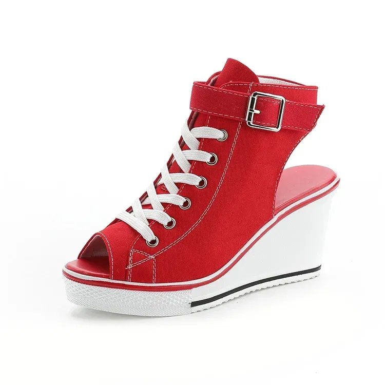 Color: Red, Shoe Size: 43 - Spring Summer Women's Height Increasing Platform Canvas Fish Mouth Shoes Open Toe Hollow Canvas Wedge Shoes Zapatos Para Mujer