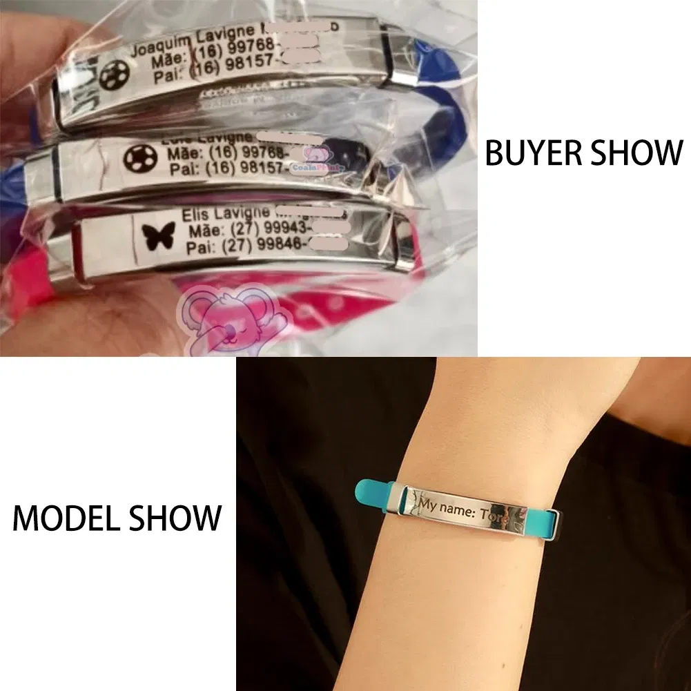 Metal Color: REDDISH BROWN, Length: 17cm - Personalized ID Bracelet Kids Children Adjustable Soft Silicone Stainless Steel Pendant Emergency Name Phone Custom Bracelets