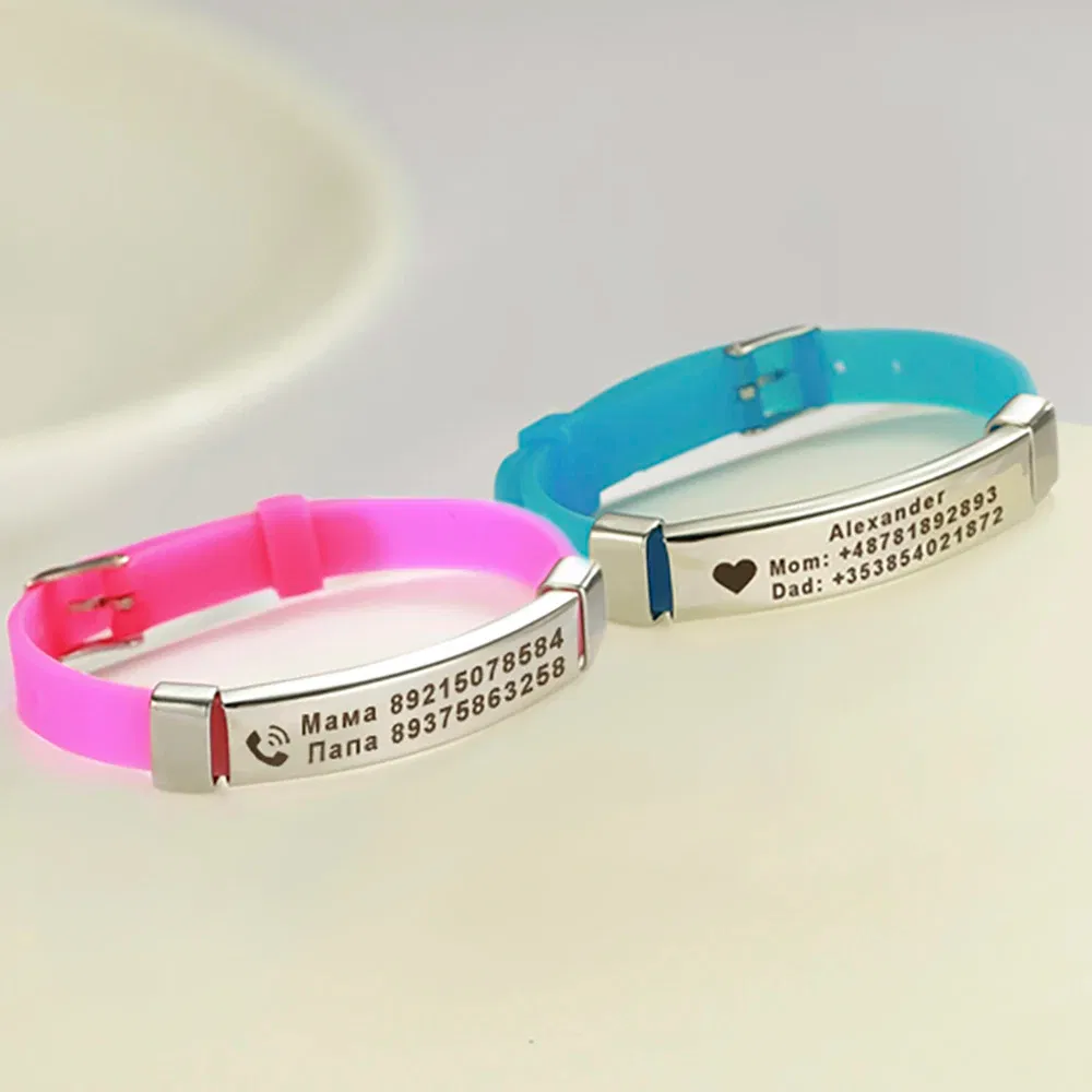 Metal Color: REDDISH BROWN, Length: 17cm - Personalized ID Bracelet Kids Children Adjustable Soft Silicone Stainless Steel Pendant Emergency Name Phone Custom Bracelets