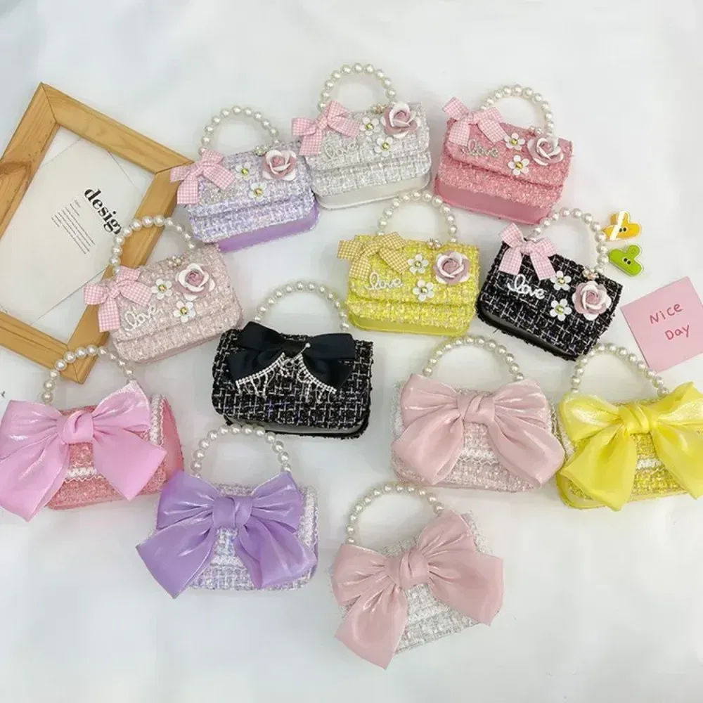 Color: Dark Grey - New Children's Fashion Little Fragrant Wind Elsa Princess Bag Little Girl Pearl Handheld Crossbody Bag Net Red envelope
