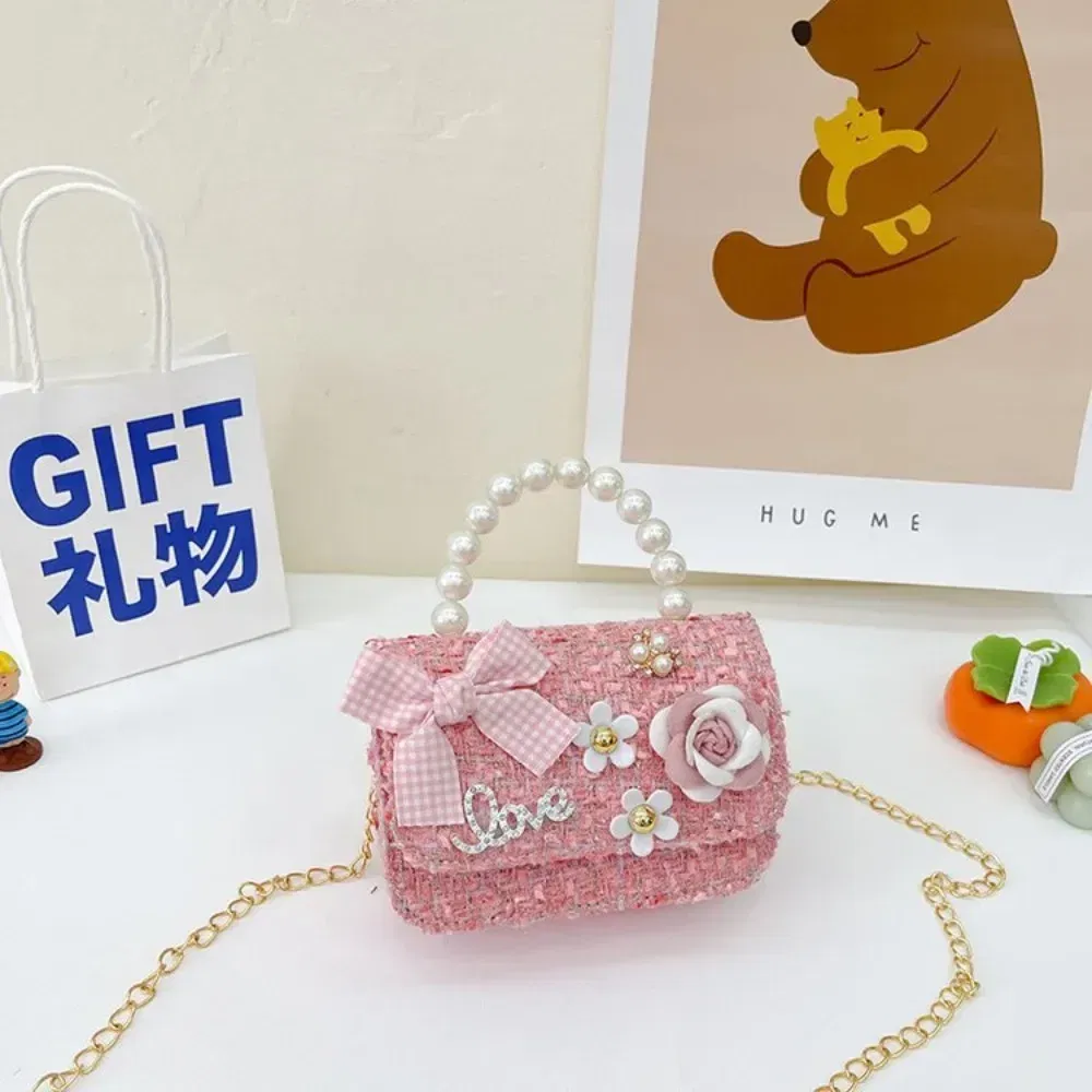 Color: Dark Grey - New Children's Fashion Little Fragrant Wind Elsa Princess Bag Little Girl Pearl Handheld Crossbody Bag Net Red envelope